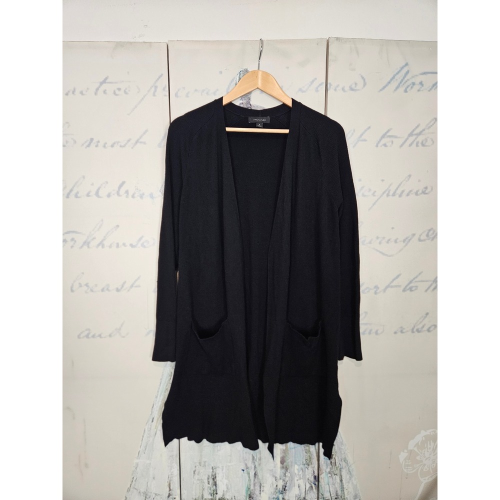 Ann Taylor Cardigan Medium Black Ribbed Open Front‎ Longline Pocket Sweater